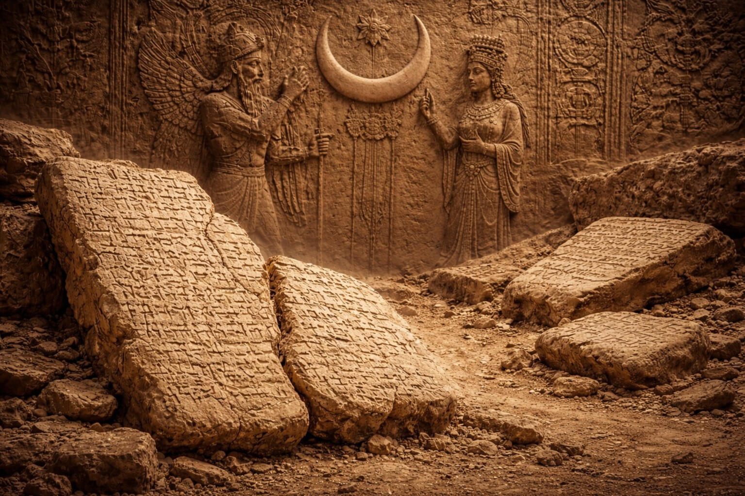 Broken cuneiform tablets piled near a bas relief of a Mesopotamian king and priestess honoring the lunar crescent of Nanna-Sîn